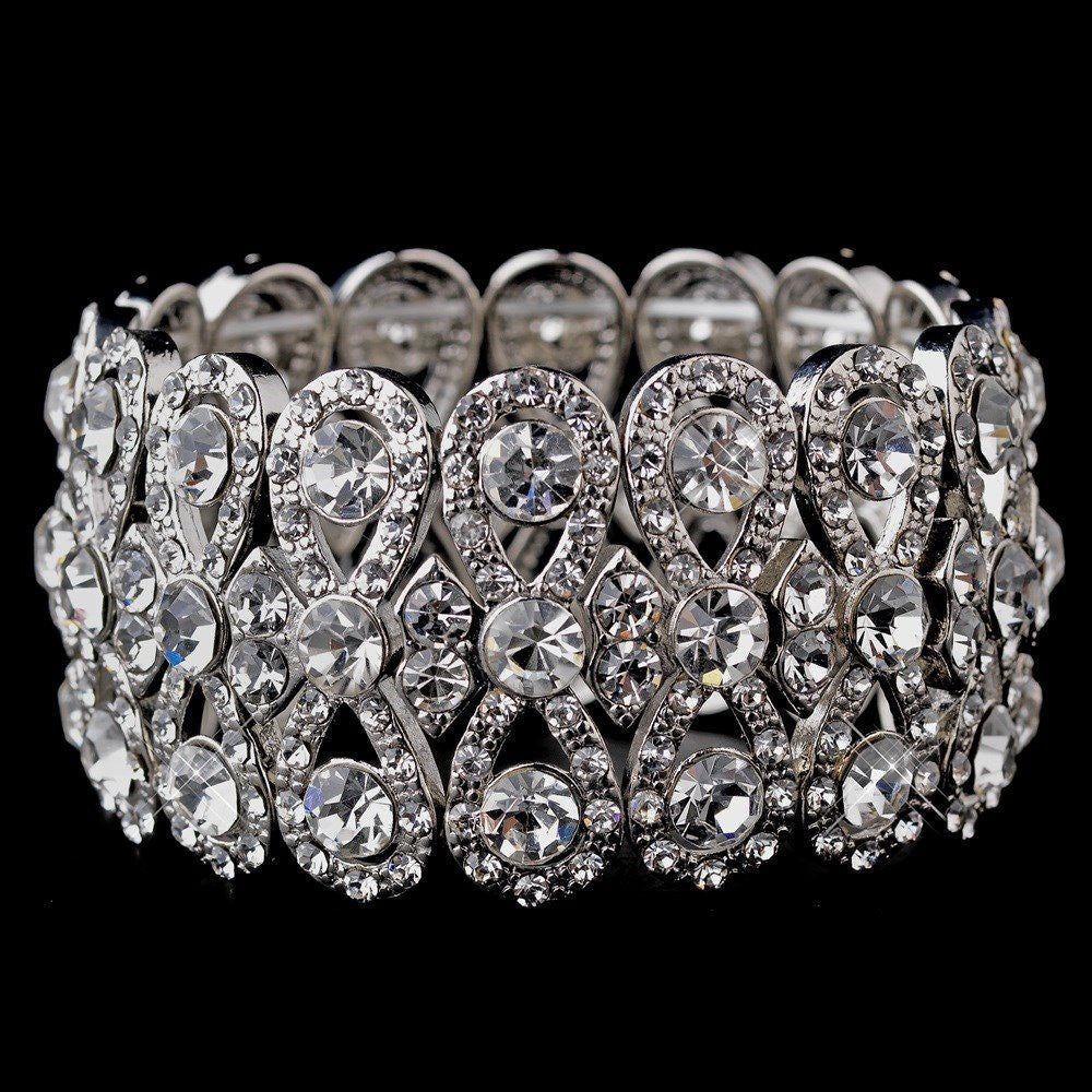 Glitzy Silver Bowtie Stretch Bridal Wedding Bracelet w/ Clear Crystals 8699