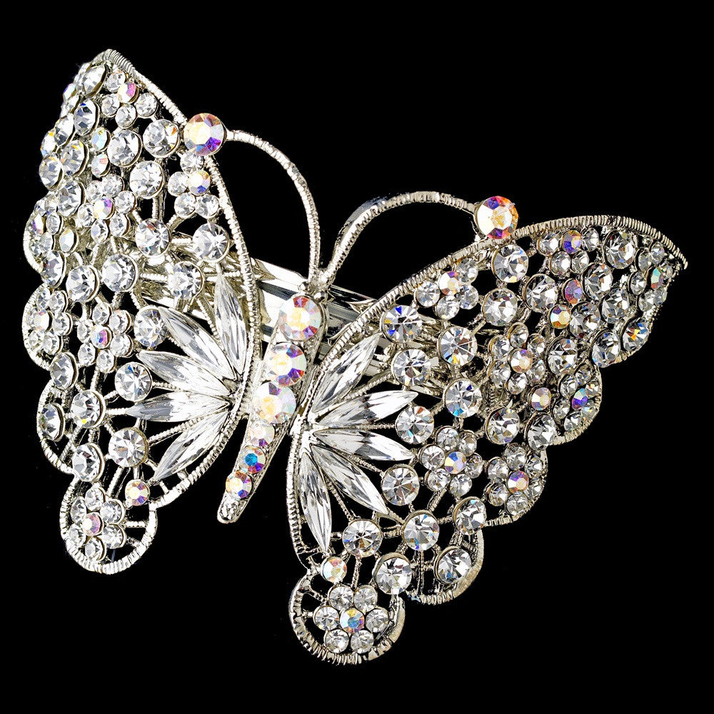 Silver Topaz AB Rhinestone Butterfly Bridal Wedding Hair Barrette 5090 XXL