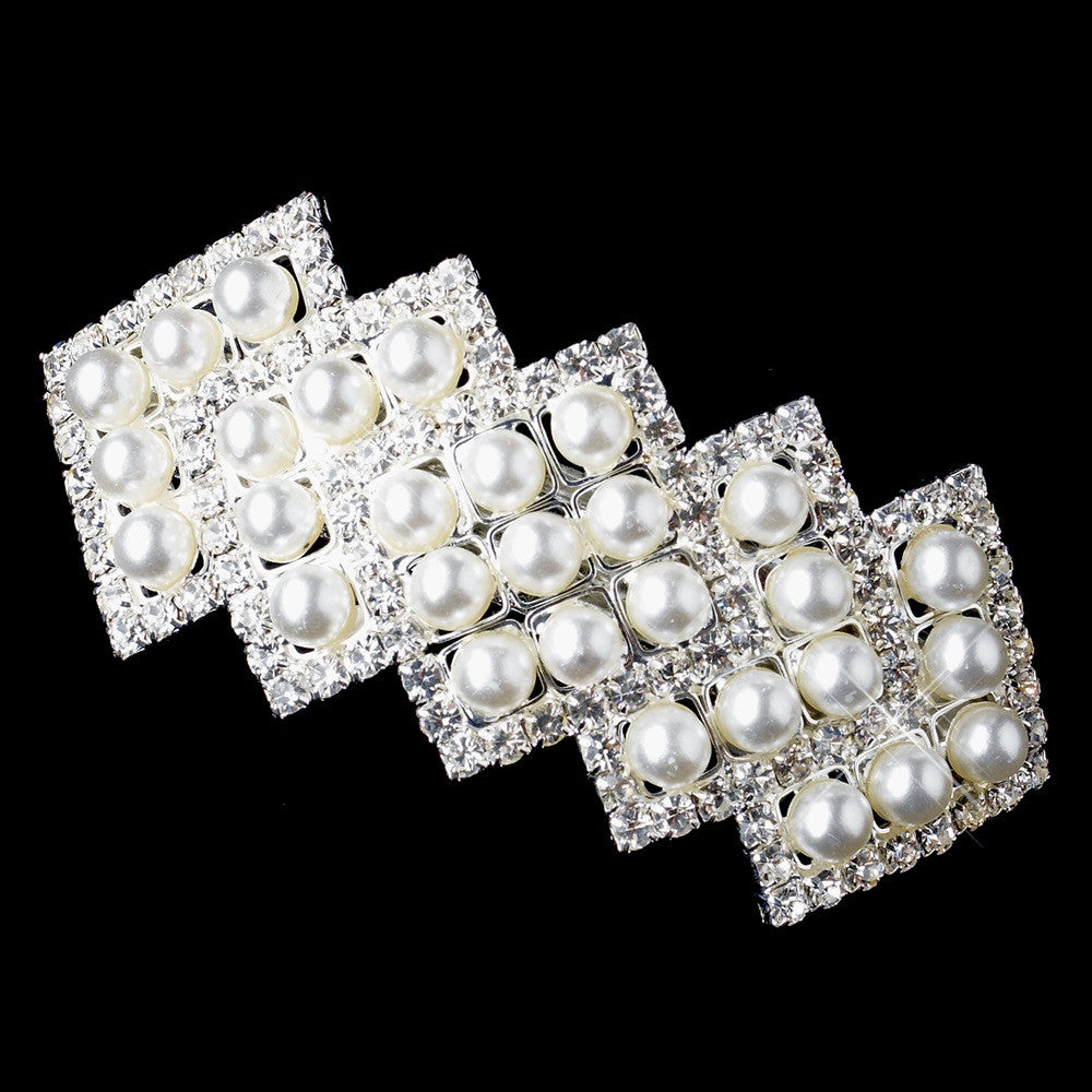 Silver Zigzag Rhinestone & White Pearl Bridal Wedding Hair Barrette 70822