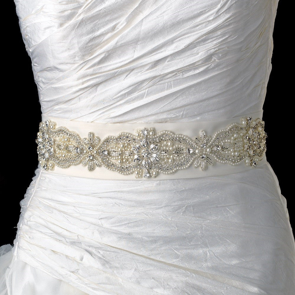 * Faux Pearl Rhinestone & Bugle Beaded Bridal Wedding Sash Belt 11