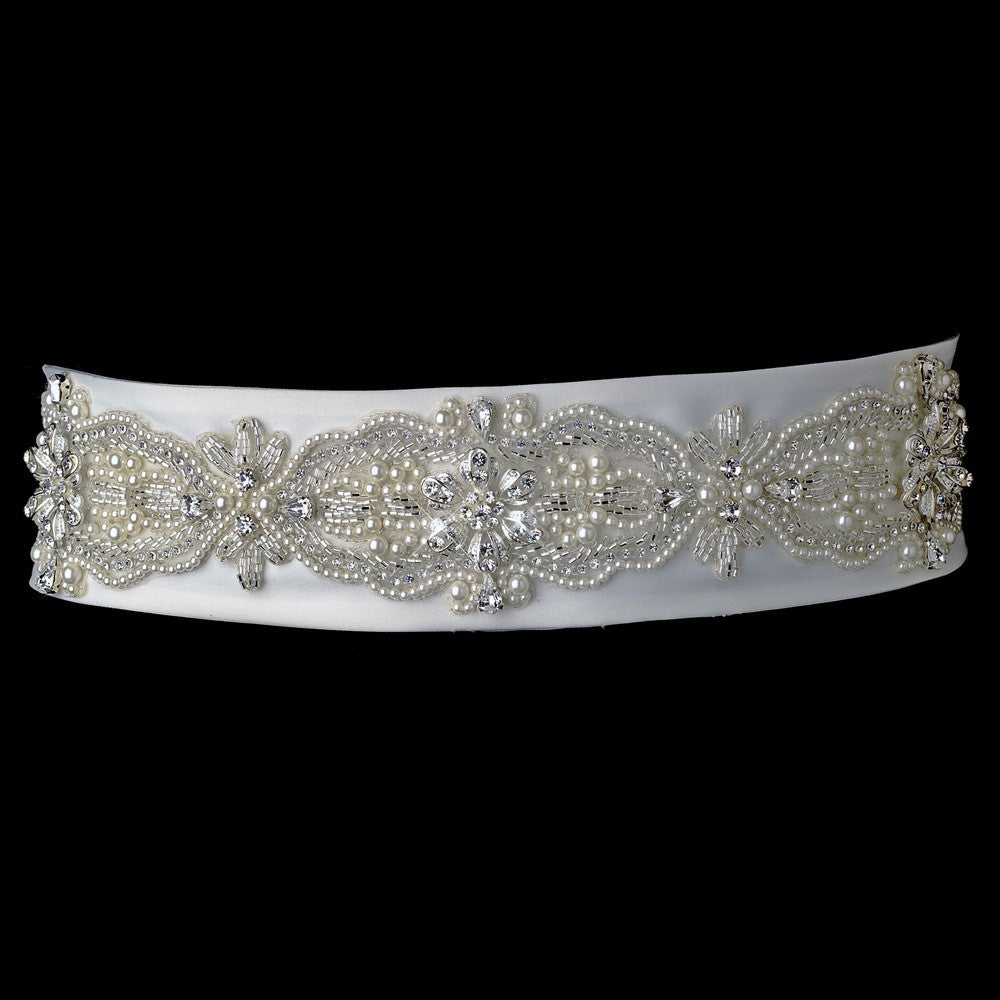 * Faux Pearl Rhinestone & Bugle Beaded Bridal Wedding Sash Belt 11