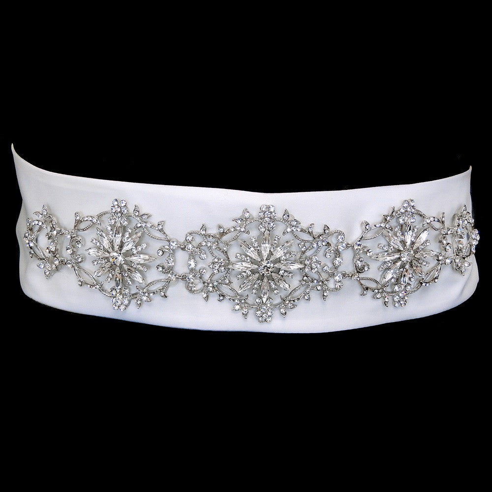 * Clear Rhinestone Floral Sash Satin Bridal Wedding Belt 130