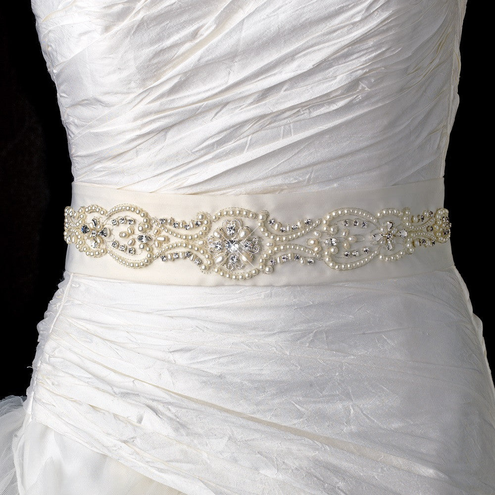 * Pearl & Rhinestone Accented Bridal Wedding Sash Belt 18