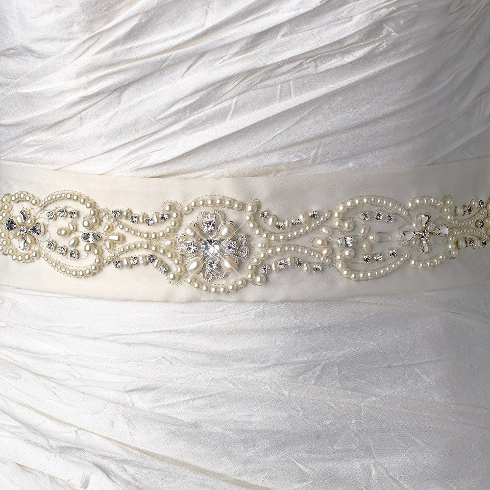 * Pearl & Rhinestone Accented Bridal Wedding Sash Belt 18