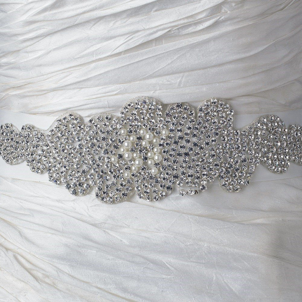 * Pearl & Rhinestone Glitz Wedding Bridal Bridal Wedding Sash Belt 289