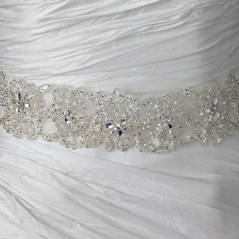 Sheer Organza Rhinestone & Pearl Accent Beaded Bridal Wedding Belt 280