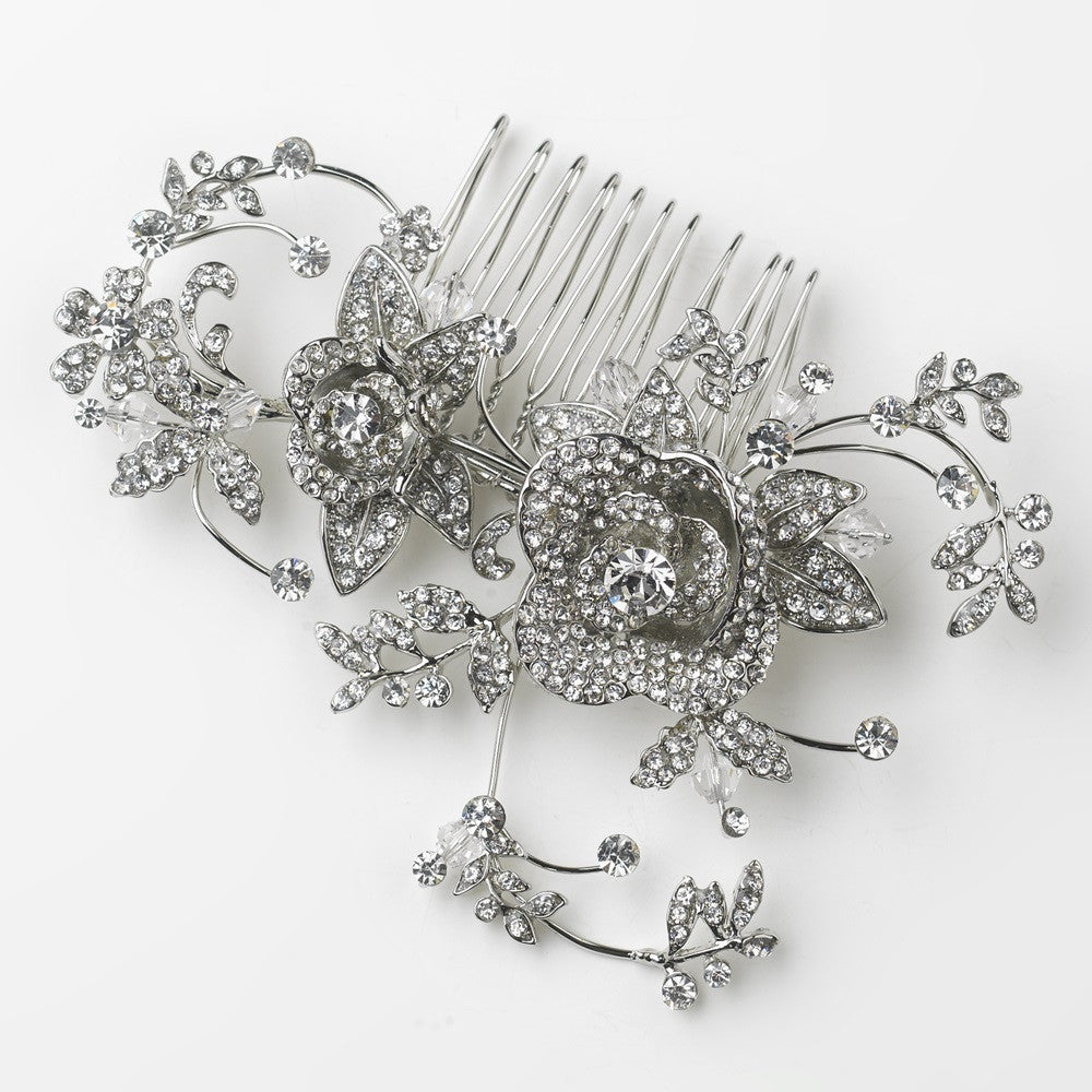 Antique Silver Clear Rhinestone Diamond White Flower & Leaf Bridal Wedding Hair Comb 753