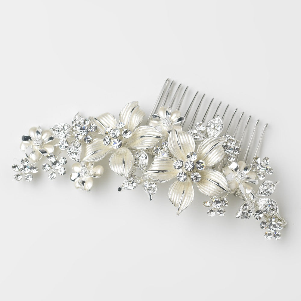 Silver Clear Rhinestone Leaf Floral Flower Bridal Wedding Hair Comb 9652