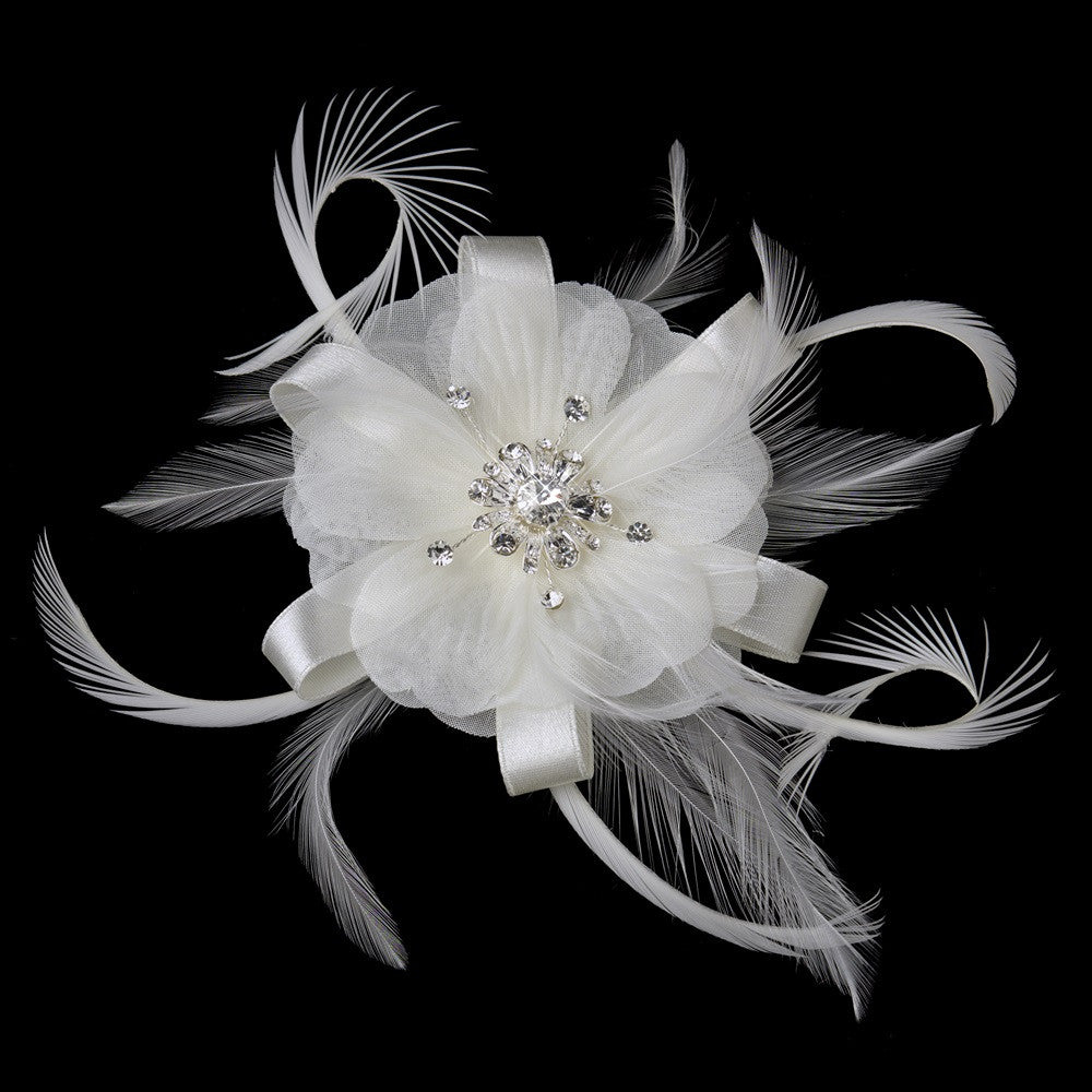 * Rhinestone Feather Ribbon Bridal Wedding Brooch Pin with Fascinator Bridal Wedding Hair Clip 2531