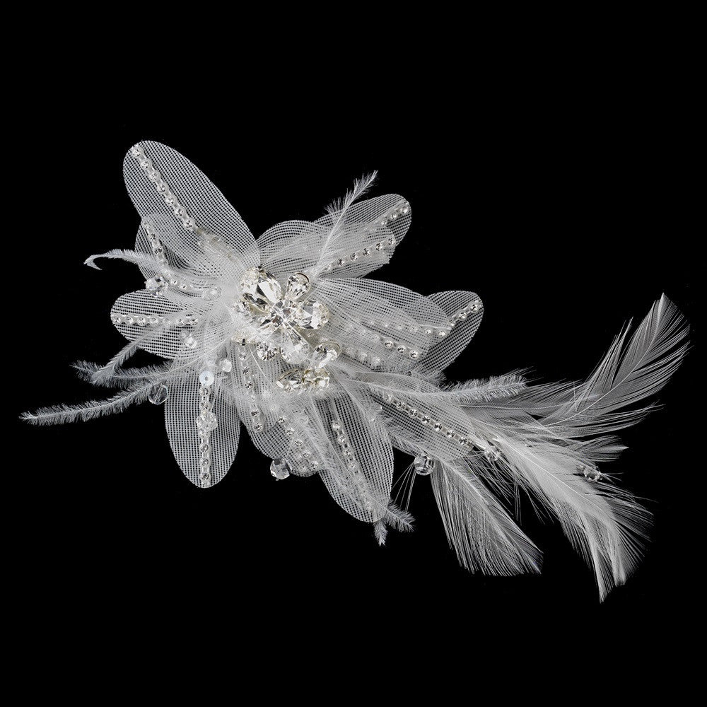 * Silver Ivory Feather, Crystal & Rhinestone Flower Bridal Wedding Hair Clip 2664