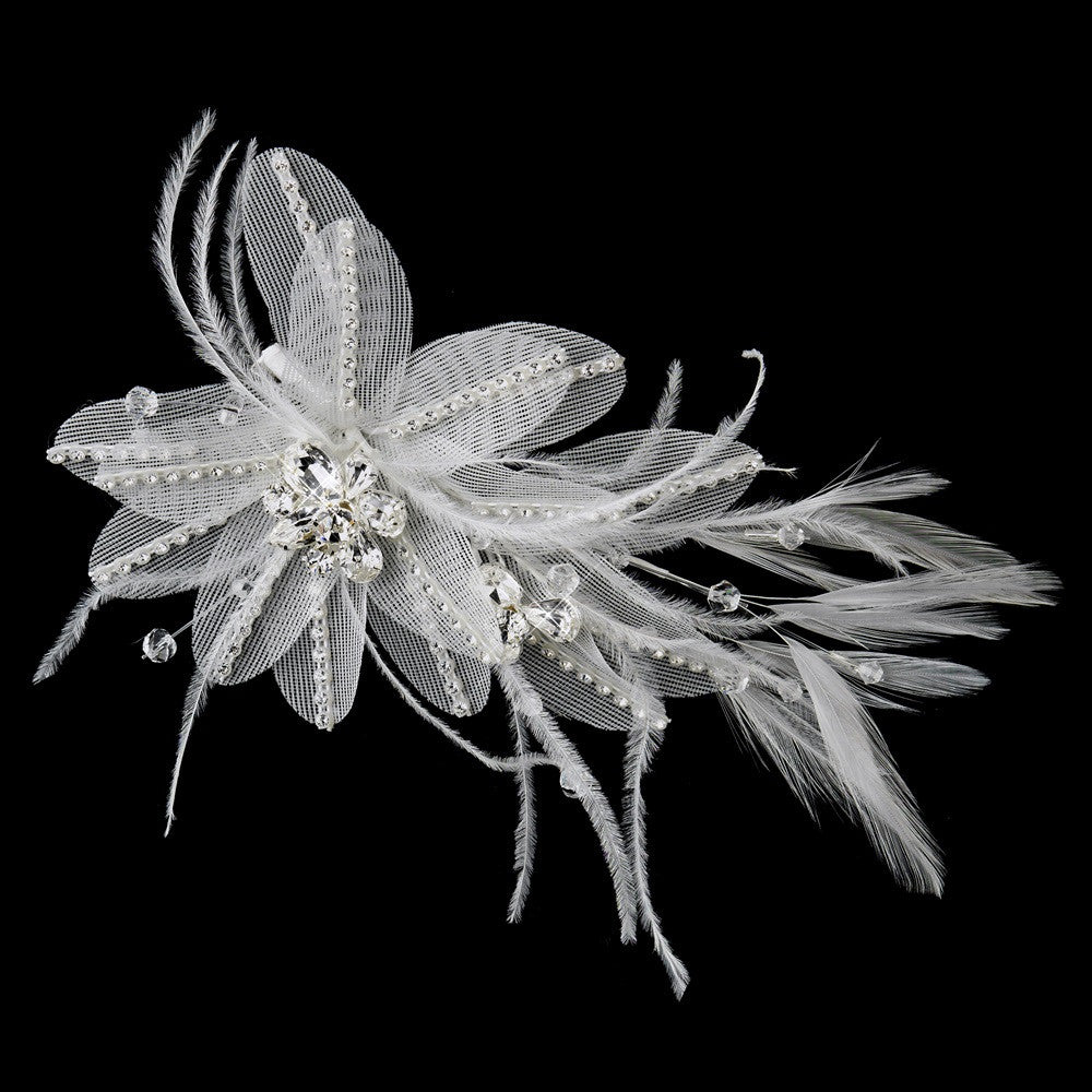 * Silver Ivory Feather, Crystal & Rhinestone Flower Bridal Wedding Hair Clip 2664