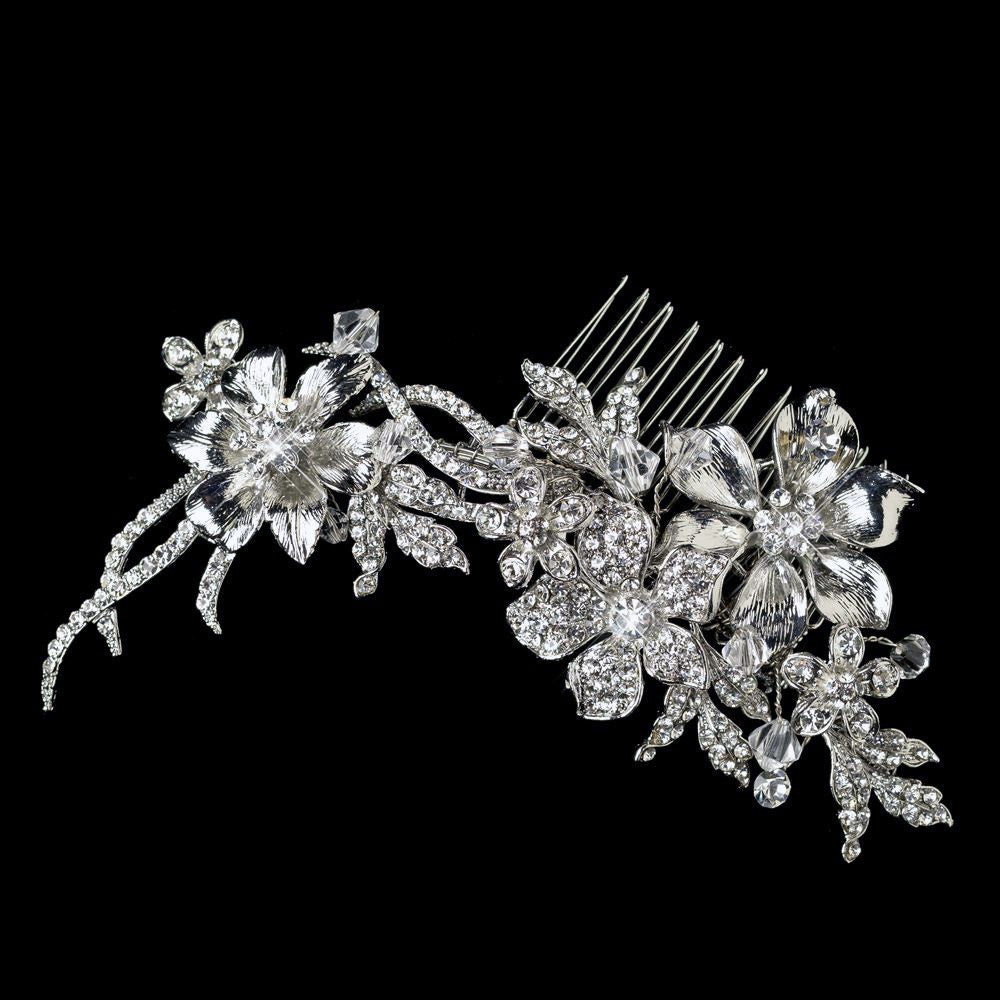 Rhodium Clear Rhinestone Floral Vine Bridal Wedding Hair Comb 1969