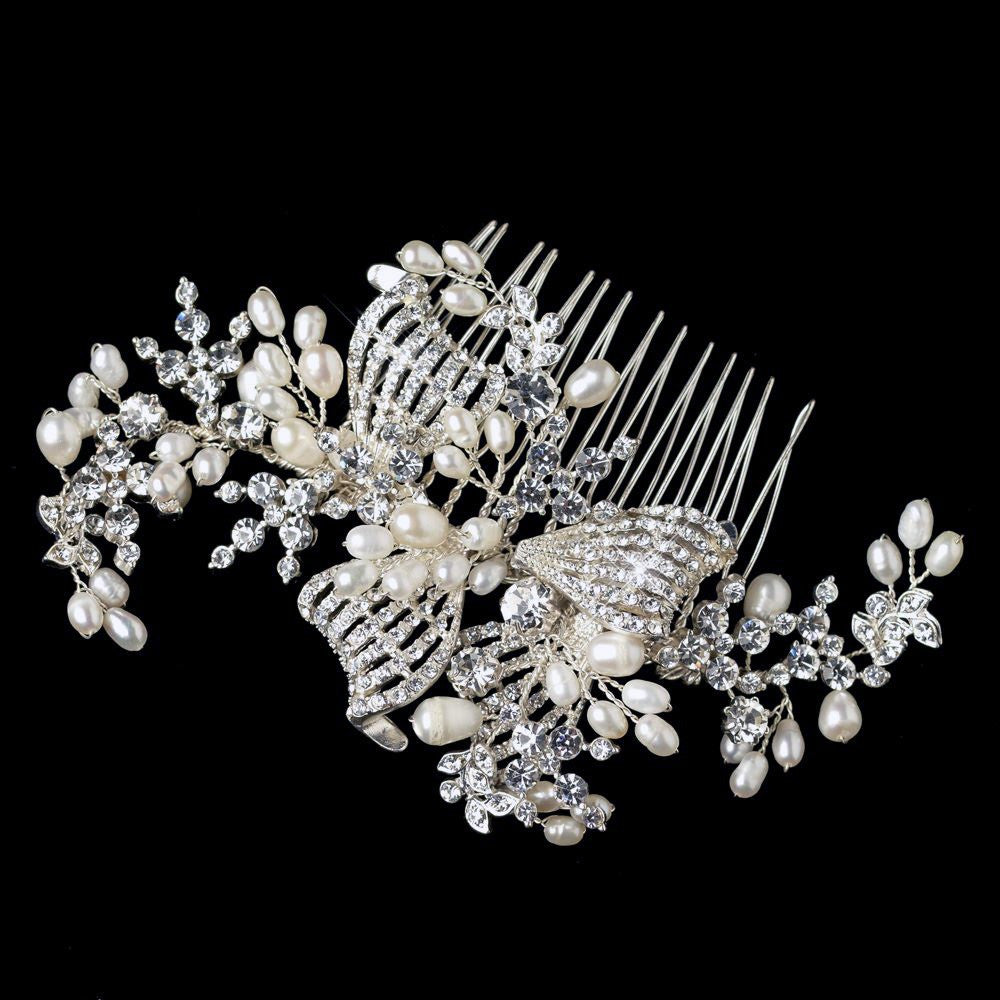 Silver Clear Rhinestone & Freshwater Pearl Bow Bridal Wedding Hair Comb 20