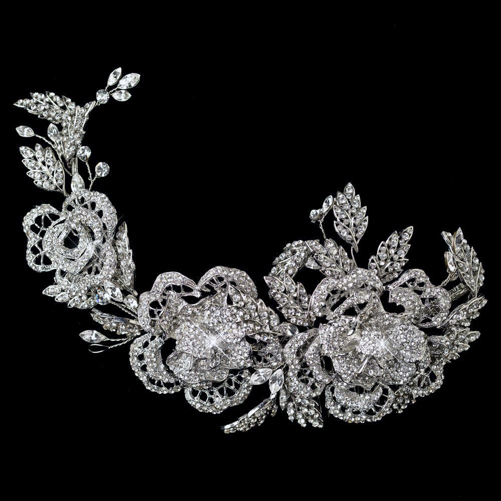 Rhodium Clear Rhinestone Floral Rose Side Accented Bridal Wedding Hair Comb 6449