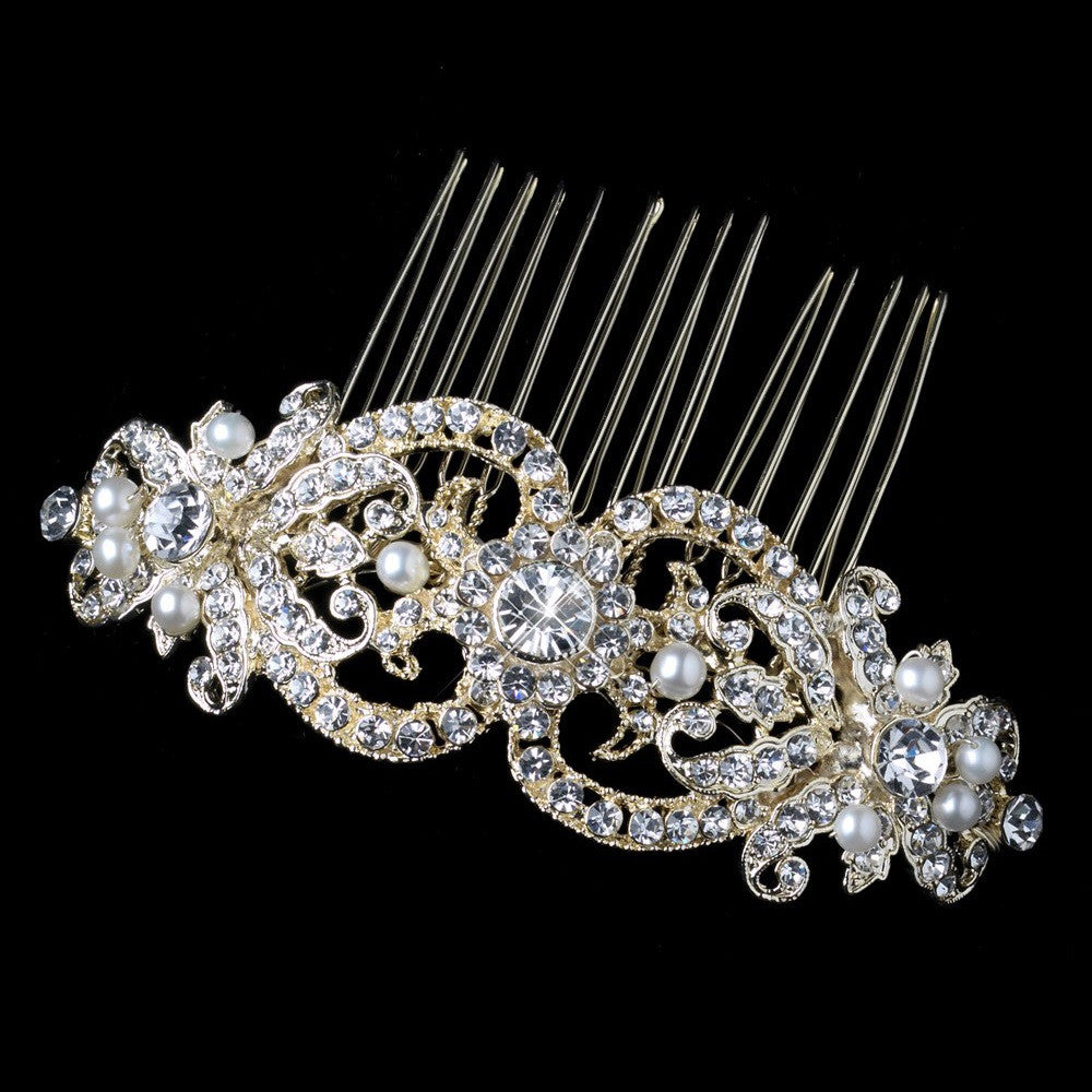 Light Gold Freshwater Pearl & Rhinestone Heart Bridal Wedding Hair Comb 652