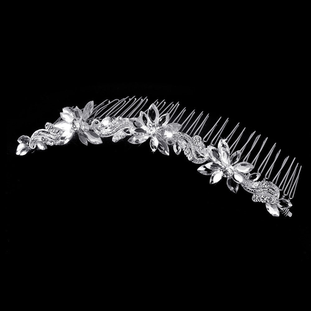 * Fabulous Silver Clear Swarovski Crystal Floral Bridal Wedding Hair Comb 8251