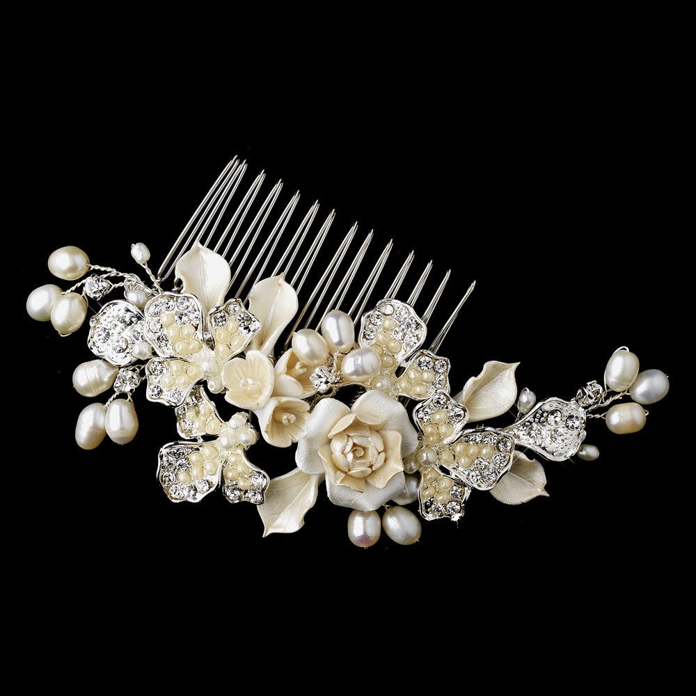 Sweet Ivory Floral Bridal Wedding Hair Comb w/ Freshwater Pearls & Clear Rhinestones 8278