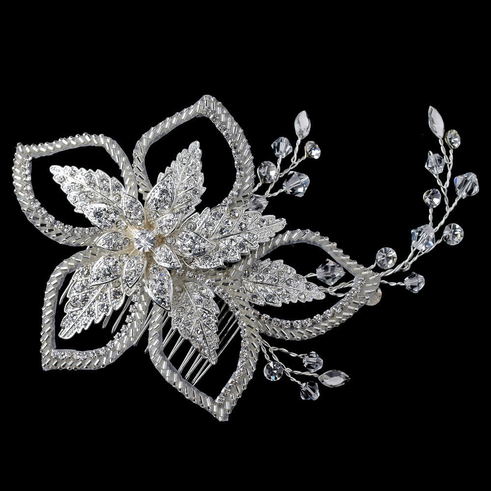 Silver Clear Swarovski Crystal Bead, Bead & Rhinestone Floral Leaf Bridal Wedding Hair Comb