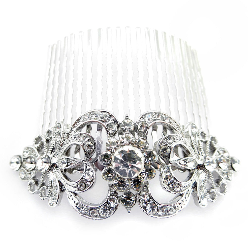 Rhodium Silver Rhinestone Vintage Bridal Wedding Hair Comb 9933