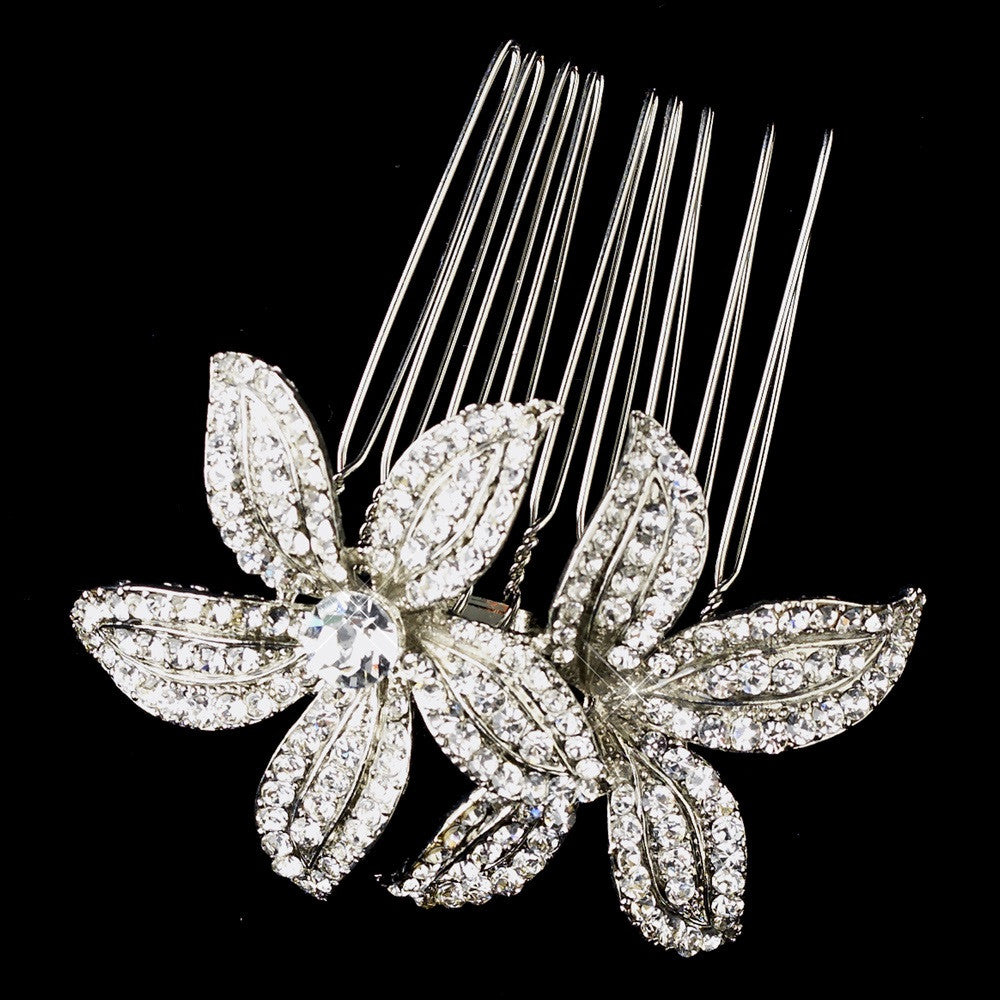 Antique Silver Clear Rhinestone Flower Bridal Wedding Hair Comb 9985