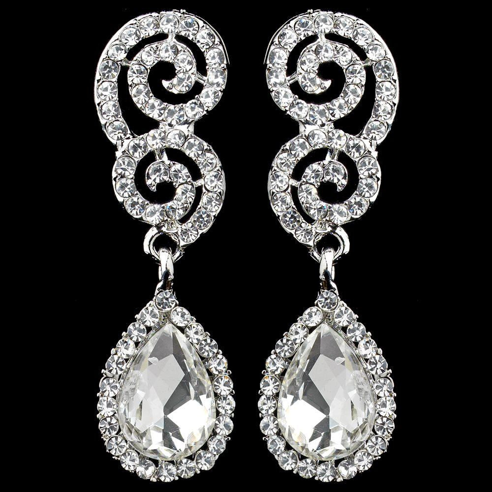 Rhodium Clear Rhinestone Swirl Teardrop Bridal Wedding Earrings 1050