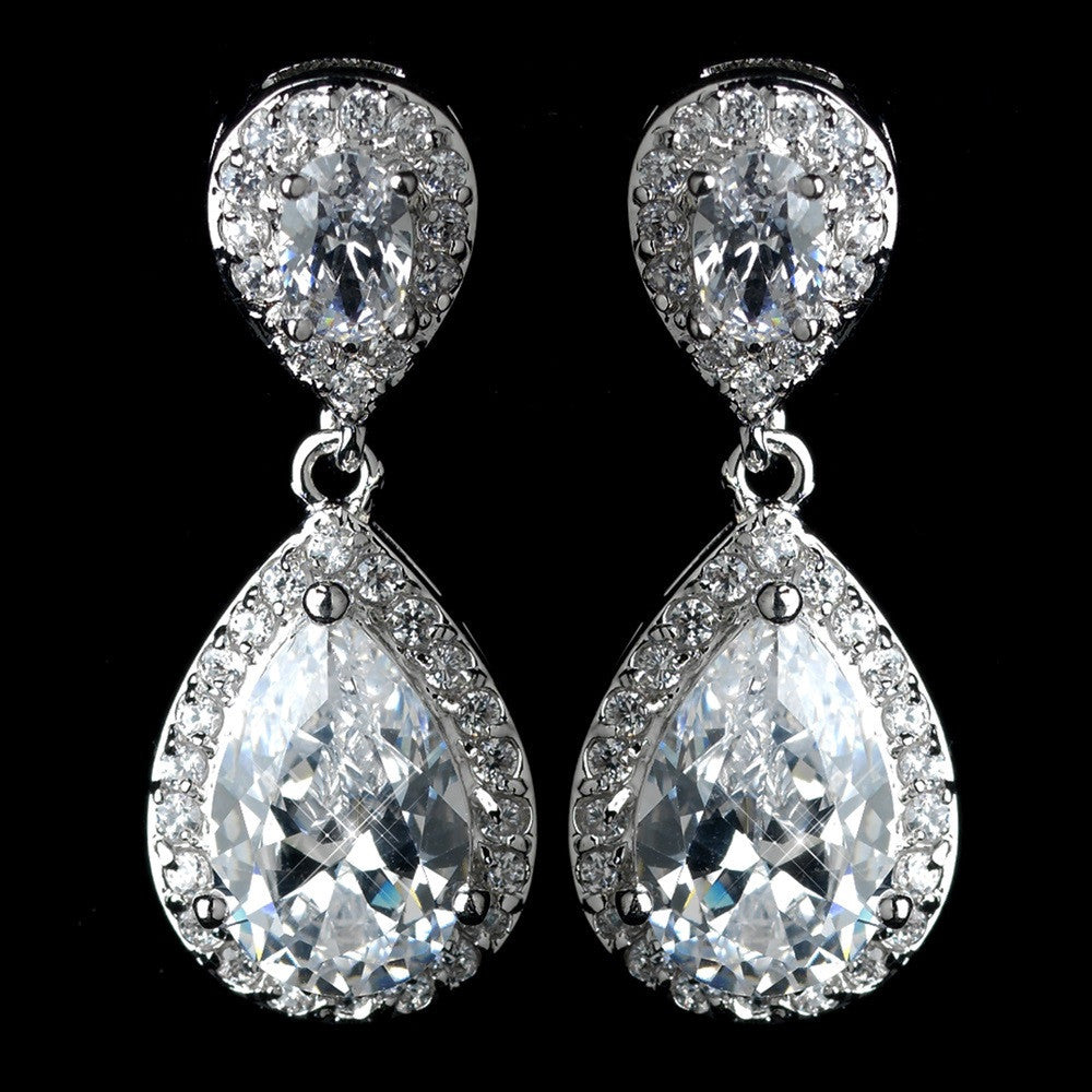 Rhodium Clear CZ Teardrop Pendant Bridal Wedding Jewelry Set 7761