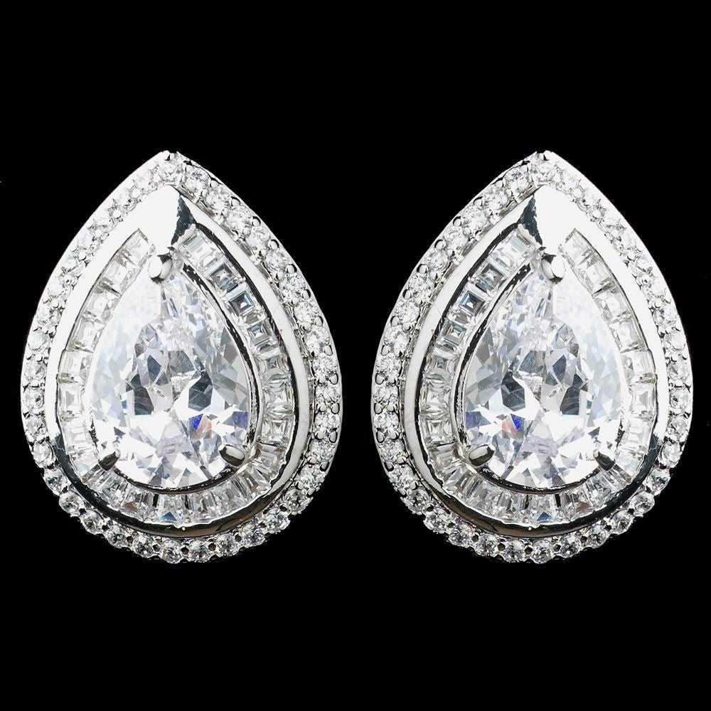 Rhodium Clear Large CZ Teardrop Stud Bridal Wedding Earrings 9857