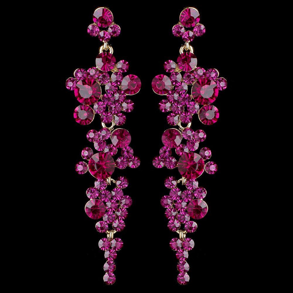 Gold Fuchsia Rhinestone Round Dangle Bridal Wedding Earrings 9889