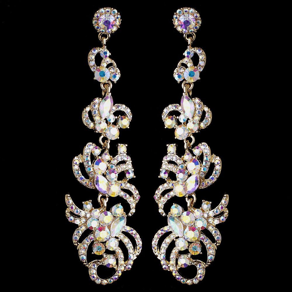 Gold AB Rhinestone Dangle Bridal Wedding Earrings 9890