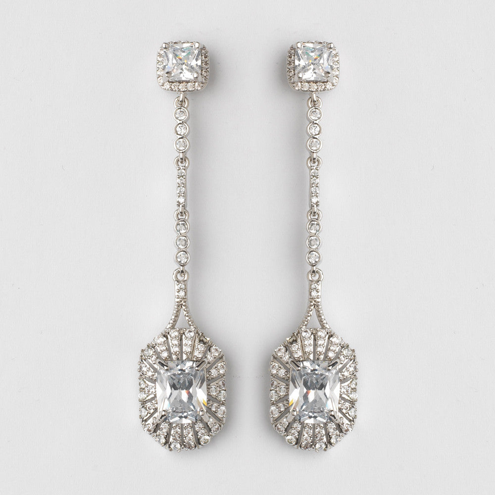 Rhodium Clear CZ Crystal Shoulder Dangle Bridal Wedding Earrings 82079