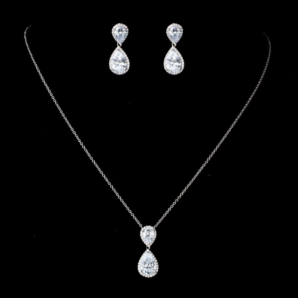 Rhodium Clear CZ Crystal Bridal Wedding Necklace 9729 & Drop Earrings 9729 Jewelry Set