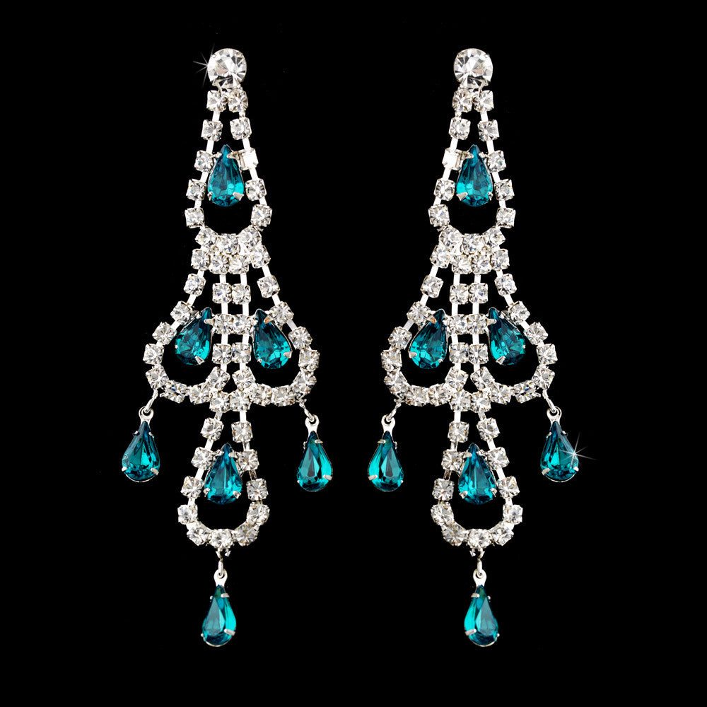 Silver Teal & Clear Teardrop Rhinestone Chandelier Bridal Wedding Earrings 0106