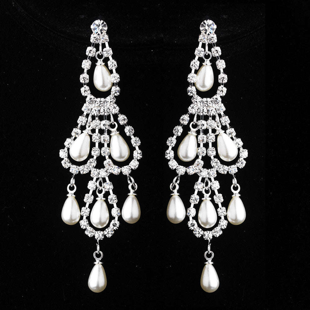 Silver White Pearl & Clear Teardrop Rhinestone Chandelier Bridal Wedding Earrings 0106