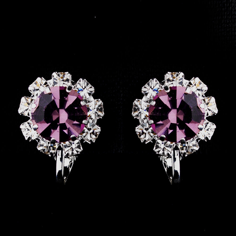 Silver Light Amethyst & Clear Round Rhinestone Stud Bridal Wedding Clip or Pierce Earrings 1442