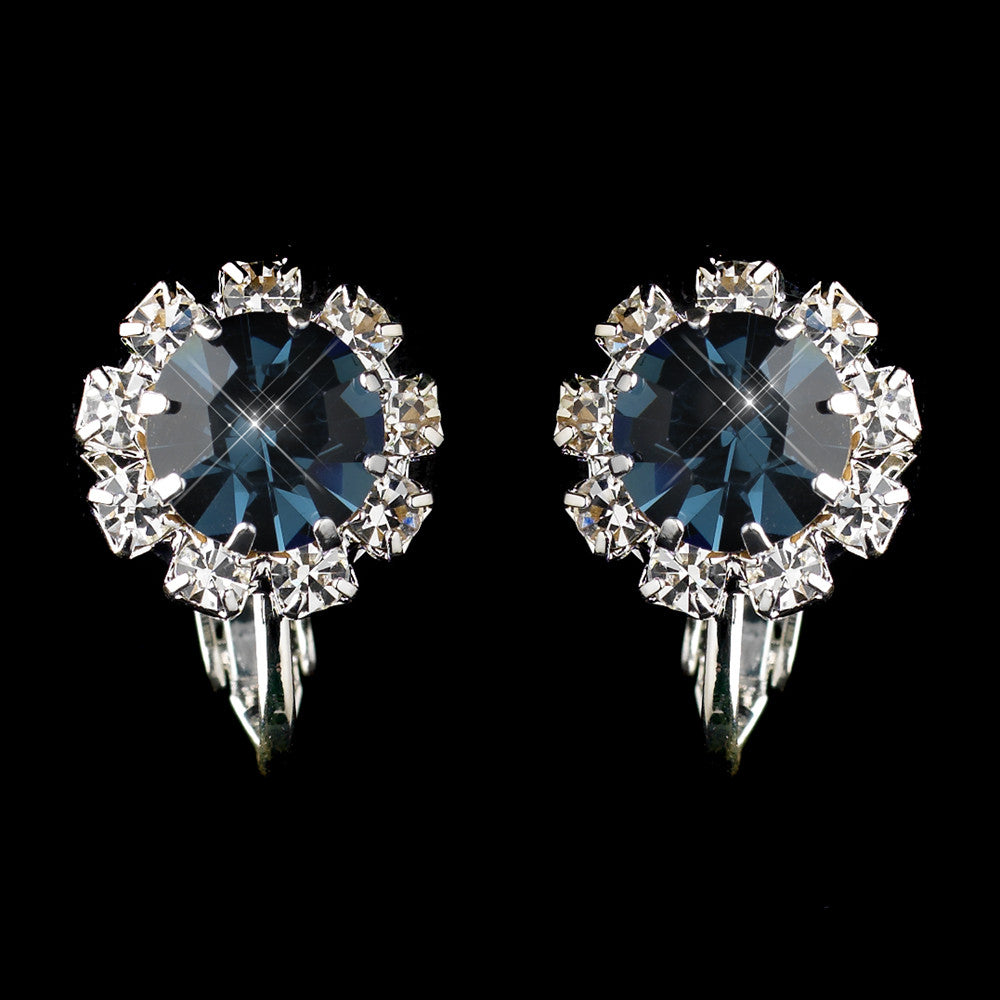 Silver Navy & Clear Round Rhinestone Stud Bridal Wedding Earrings 1442