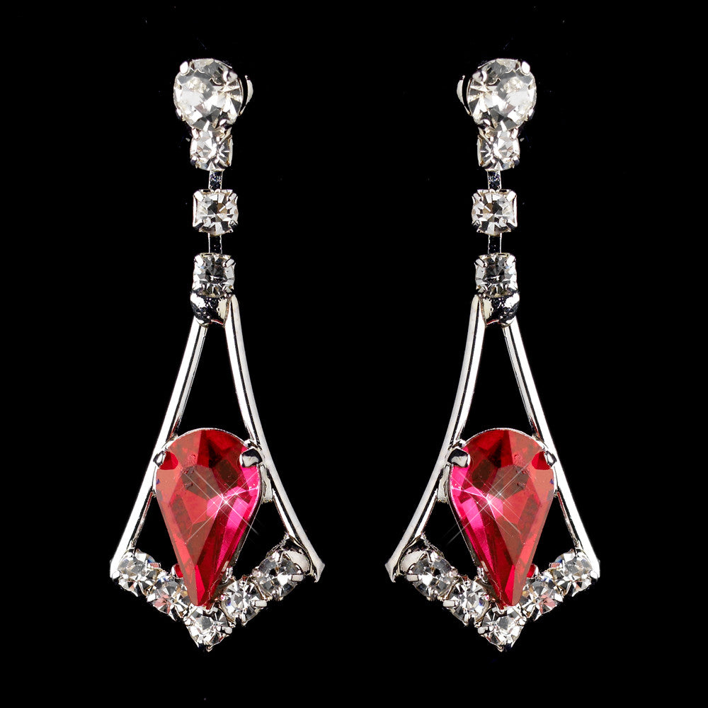 Silver Red & Clear Teardrop Dangle Bridal Wedding Earrings 5103