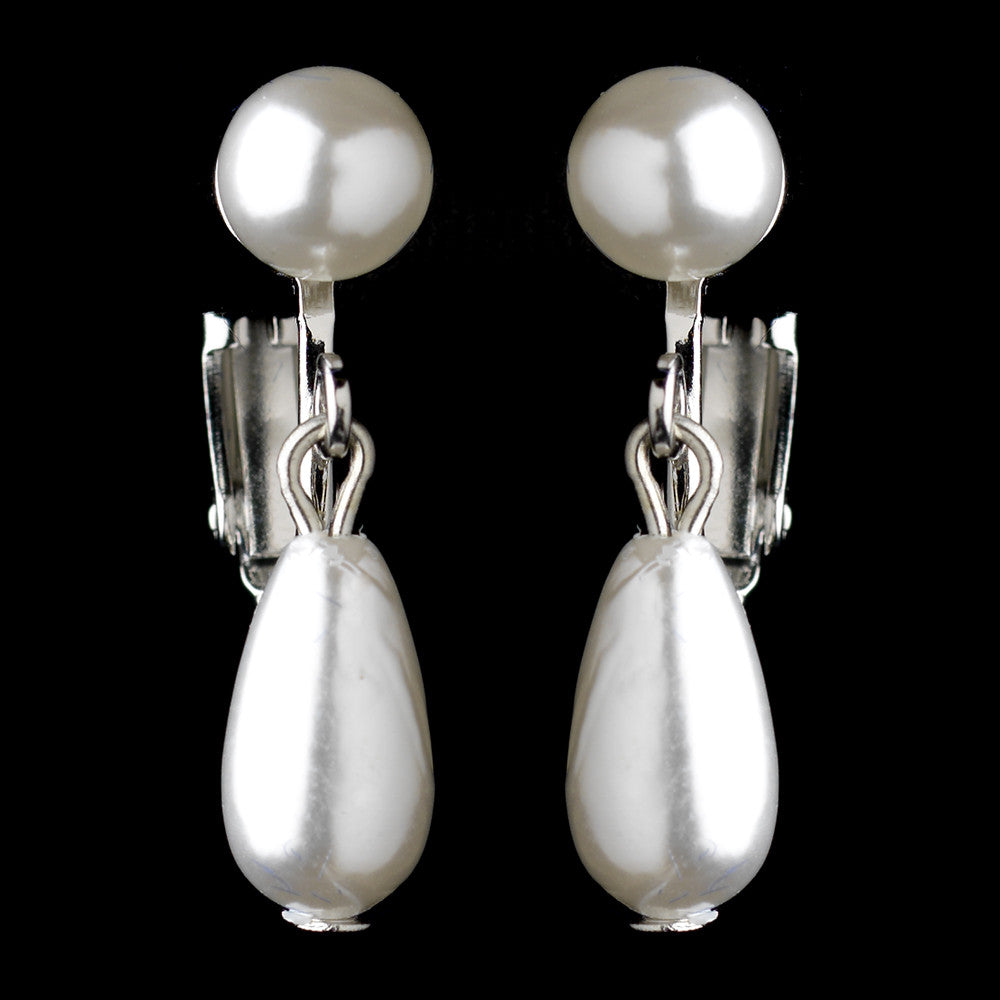 Silver White Glass Pearl Dangle Bridal Wedding Earrings 7062