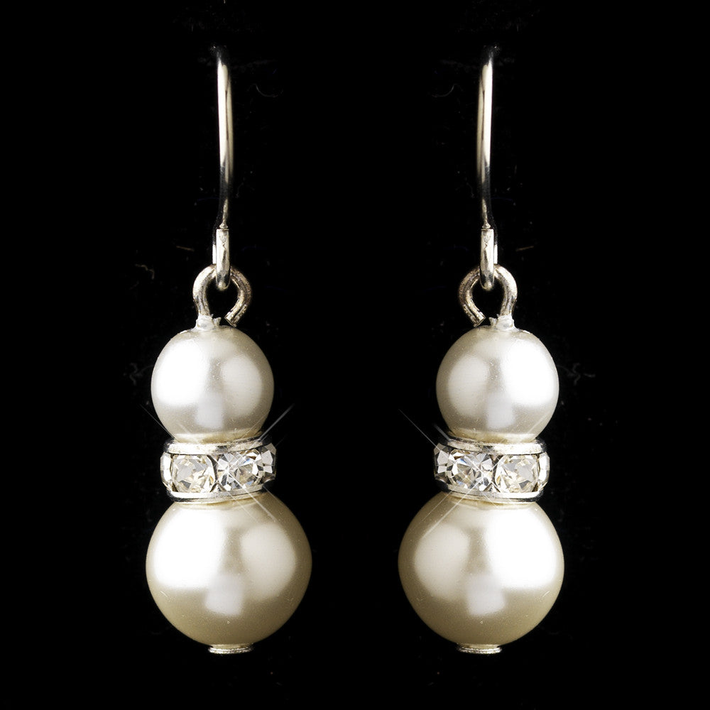 Silver White Czech Glass Pearl & Rhinestone Rondelle Drop Bridal Wedding Earrings 8667