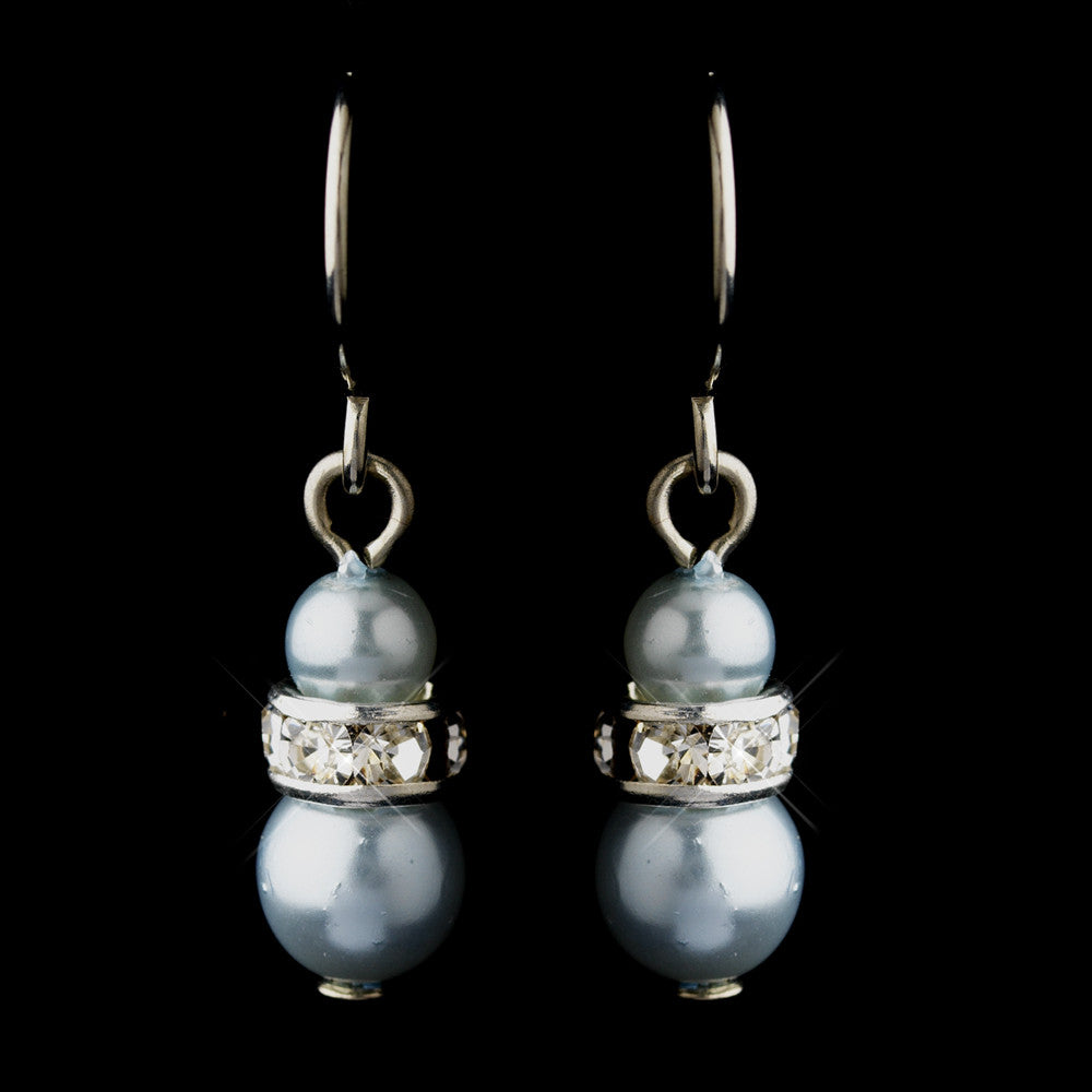 Silver Light Blue Czech Pearl & Clear Rhinestone Rondelle Drop Bridal Wedding Earrings 8805