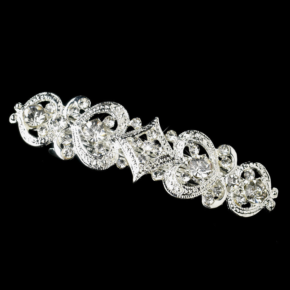 Antique Rhodium Silver Clear Rhinestone Bridal Wedding Hair Barrette 3275