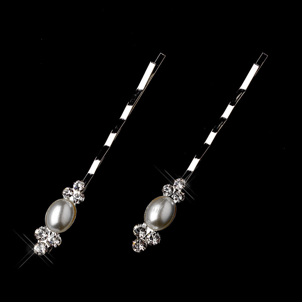 Silver White Pearl & Rhinestone Bridal Wedding Hair Bobby Pins 5147 (Set of 2)