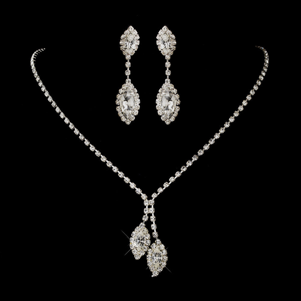 Silver Clear Double Marquise Rhinestone Bridal Wedding Necklace 1815 & Bridal Wedding Earrings 8874 Bridal Wedding Jewelry Set