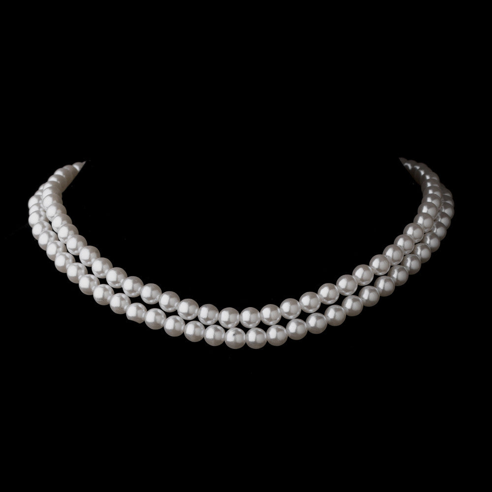 Two Row Silver White Glass Pearl Choker Bridal Wedding Necklace 4121