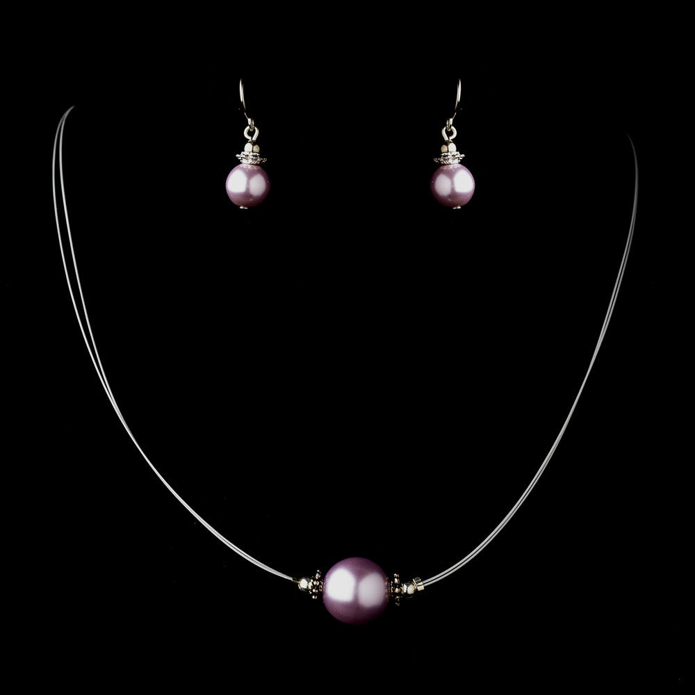 Silver Light Amethyst Czech Glass Pearl & Bali Bead Illusion Bridal Wedding Jewelry Set 8662