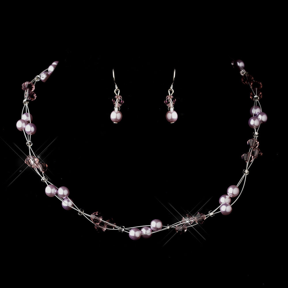 Silver Light Amethyst Czech Glass Pearl & Swarovski Crystal Bead Multiweave Illusion Bridal Wedding Necklace 8672 & Bridal Wedding Earrings 2031 Bridal Wedding Jewelry Set