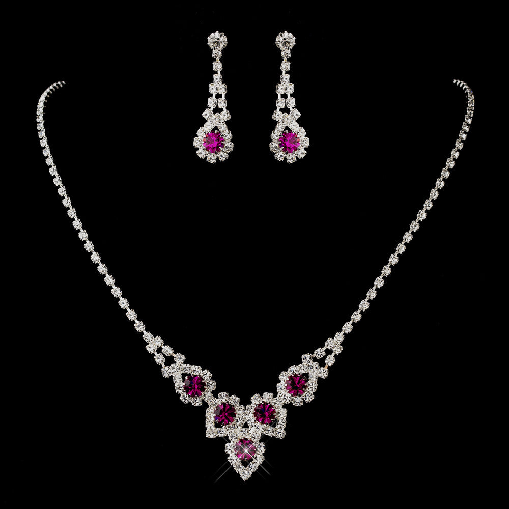 Silver Fuchsia Round Rhinestone Bridal Wedding Jewelry Set 9381