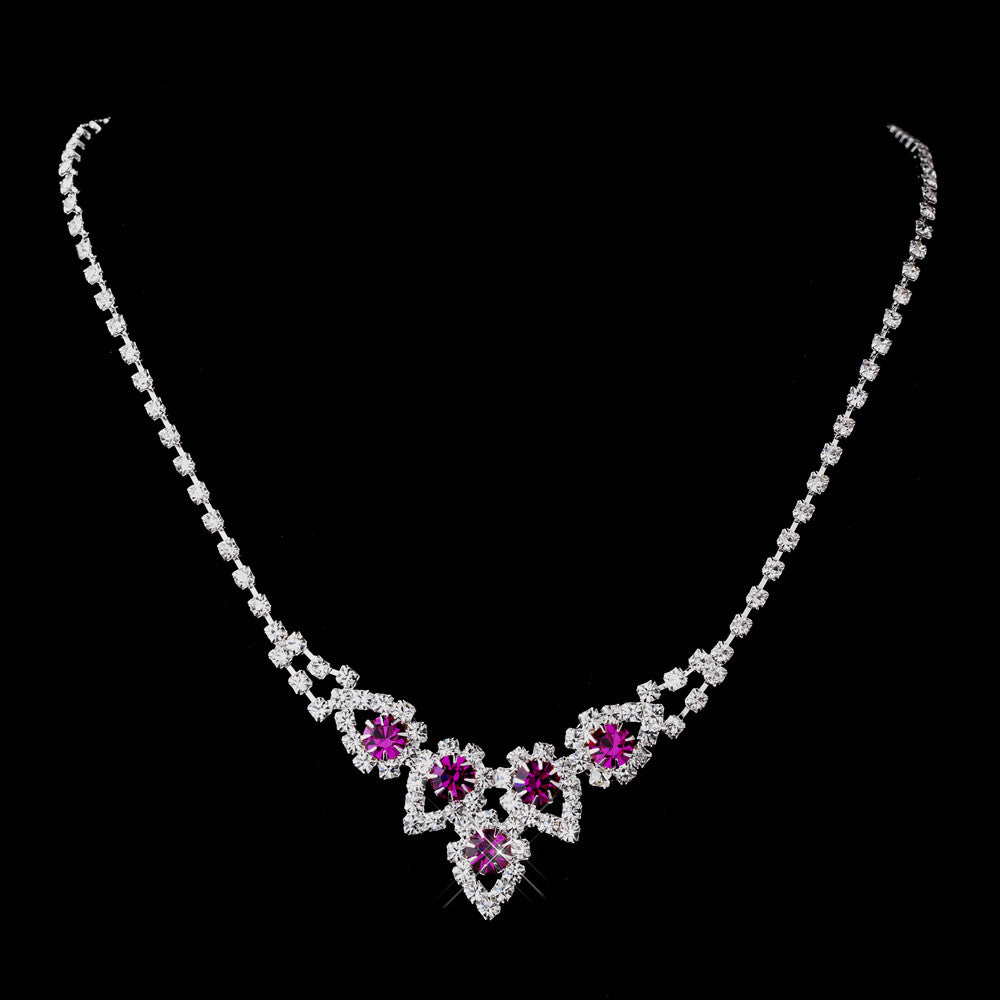 Silver Fuchsia Round Rhinestone Bridal Wedding Necklace 9381