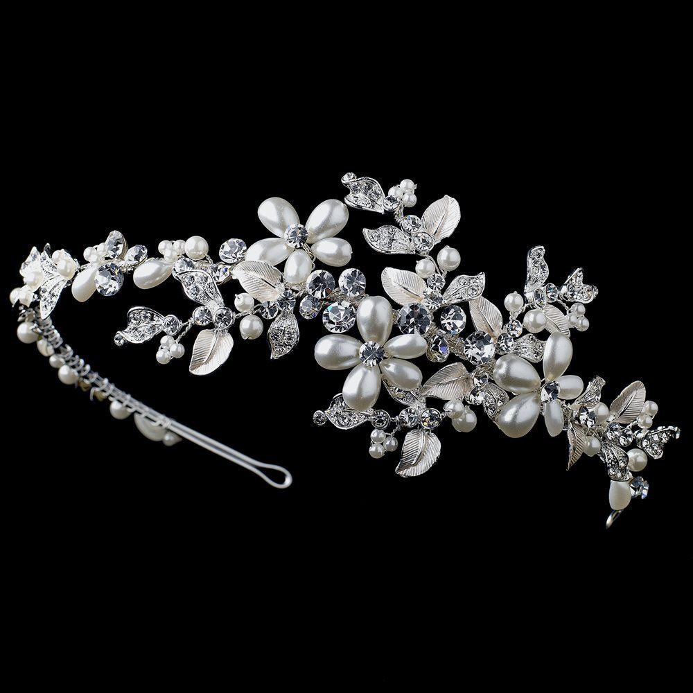 Silver Ivory Pearl & Rhinestone Flower Leaf Side Accented Bridal Wedding Headband 4831