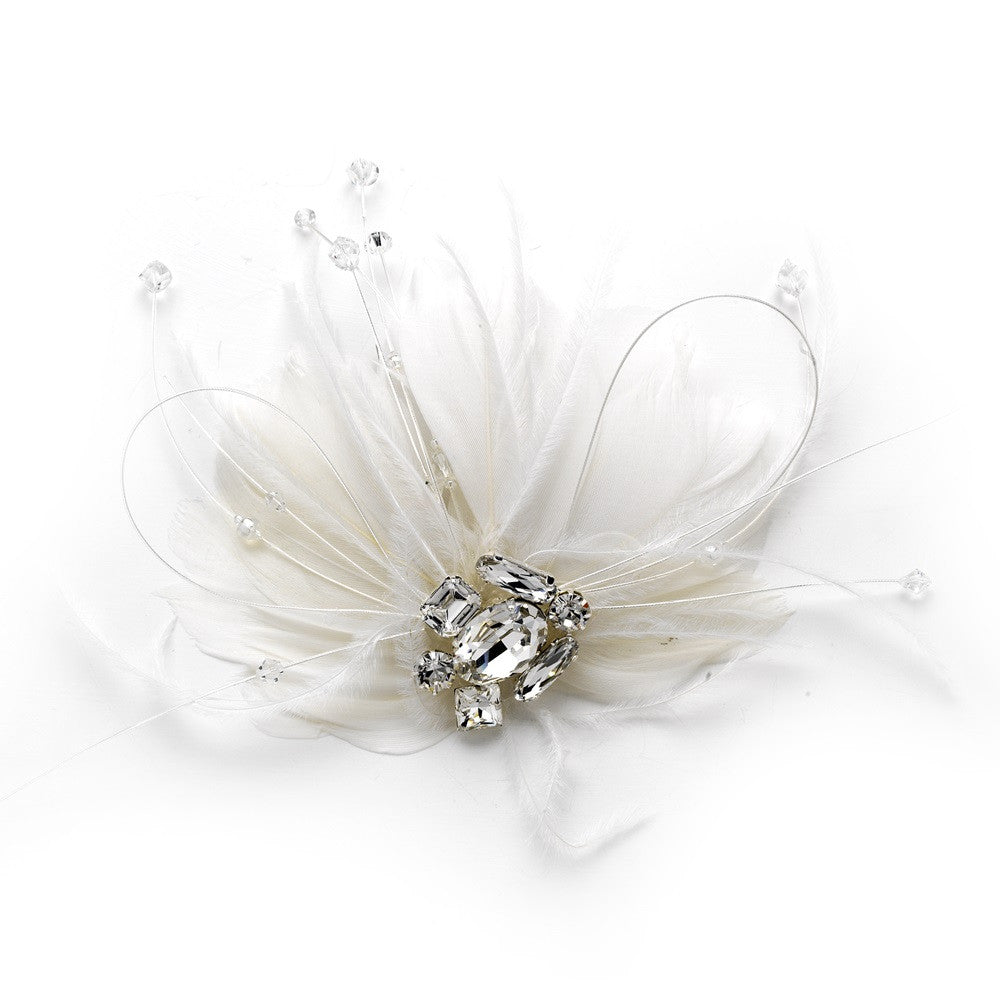 Couture White Feather Spray Bridal Wedding Hair Comb w/ Rhinestones 8401