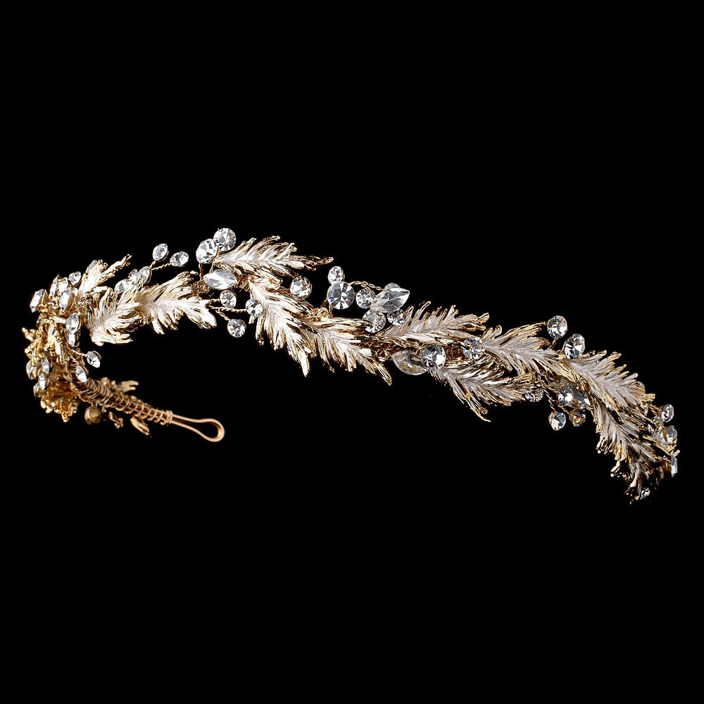 Gold Roman Bridal Wedding Headband w/ Golden Leaves & Rhinestones